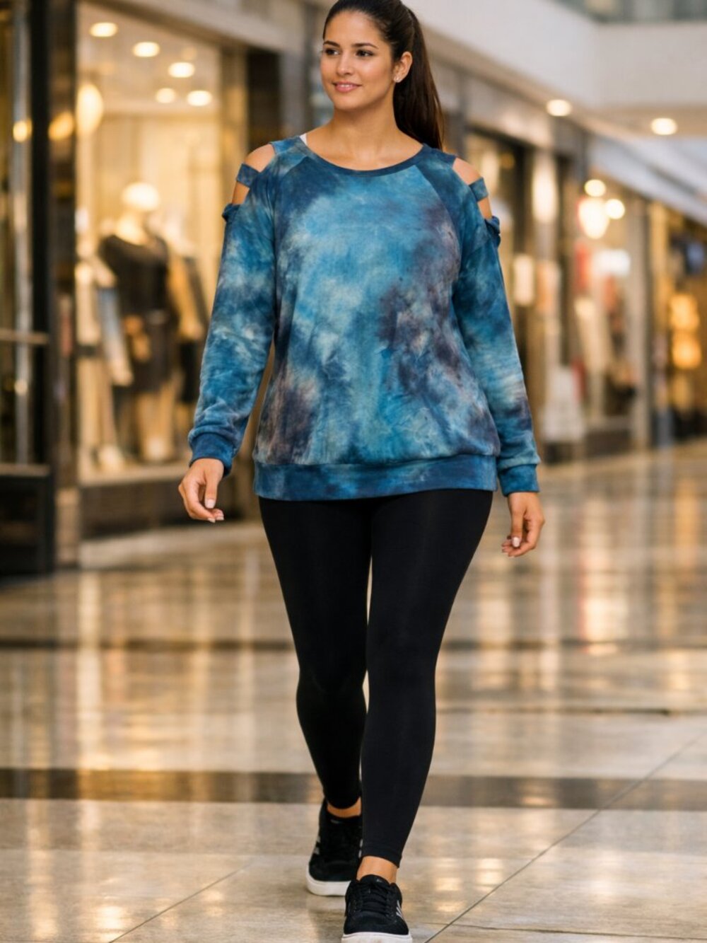 Boutique Brand HEIMISH USA Teal and Navy Tie-Dye Ladder-Shoulder TUNIC Medium